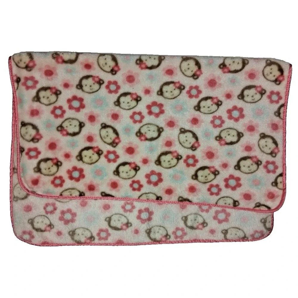 BabyGear Pink Monkey Face Flower Baby Blanket Soft Fleece Blue Thin Satin Gear